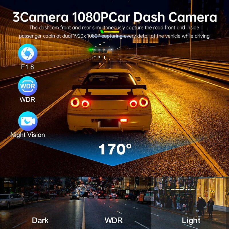 Car Dual Lens Dash Cam Front/Rear/Inside Video Recorder Camera G-Sensor