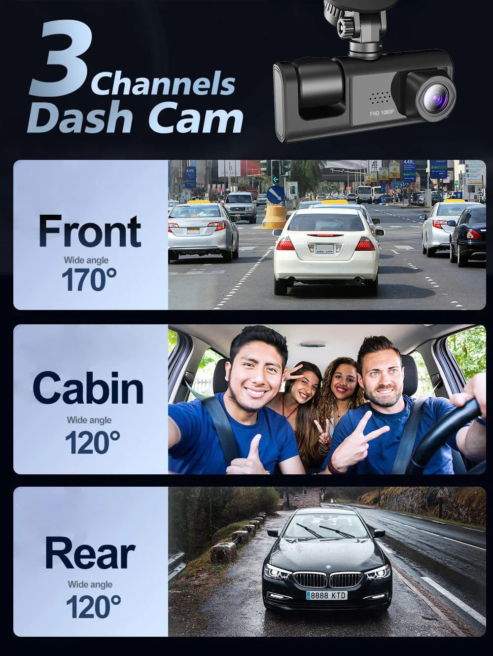 Car Dual Lens Dash Cam Front/Rear/Inside Video Recorder Camera G-Sensor
