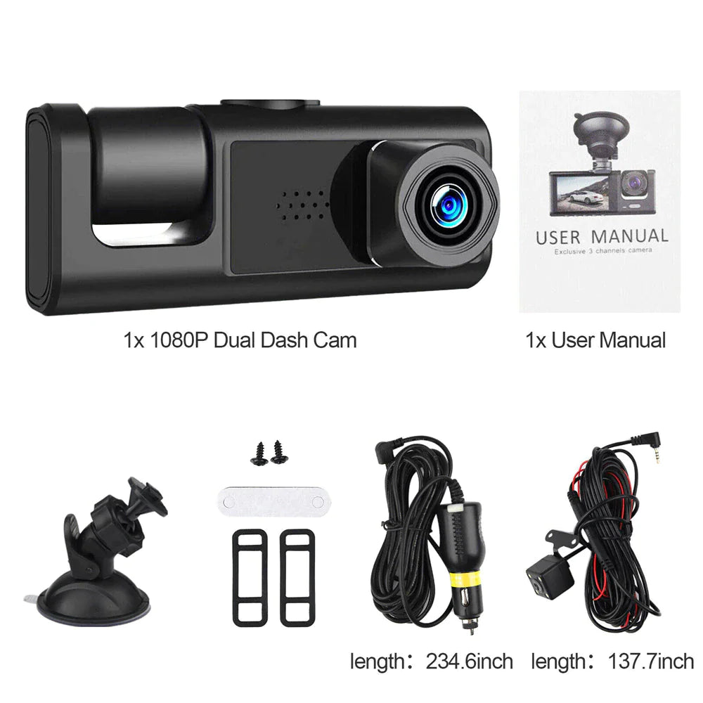 Car Dual Lens Dash Cam Front/Rear/Inside Video Recorder Camera G-Sensor