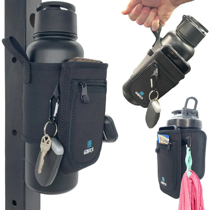 Gobuca Magnetic Water Bottle Holder for Gym - Holds phone cards keys & ear buds- Fits many sizes