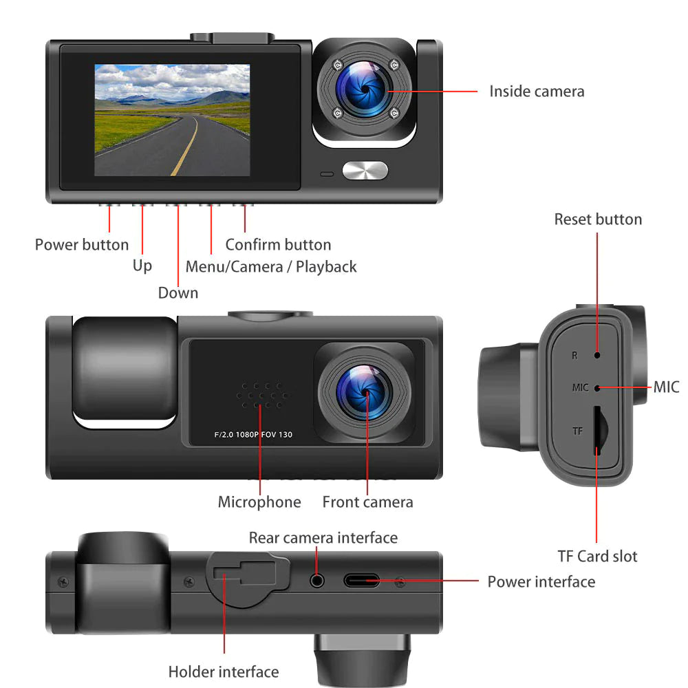 Car Dual Lens Dash Cam Front/Rear/Inside Video Recorder Camera G-Sensor