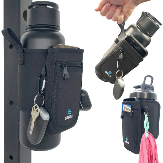 Gobuca Magnetic Water Bottle Holder for Gym - Holds phone cards keys & ear buds- Fits many sizes