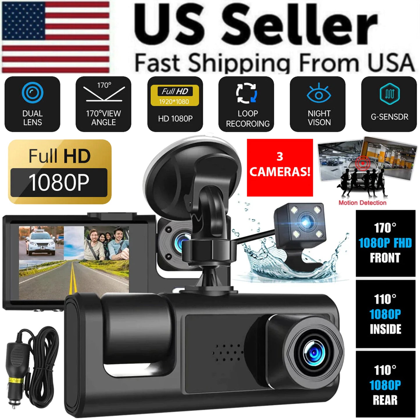 Car Dual Lens Dash Cam Front/Rear/Inside Video Recorder Camera G-Sensor