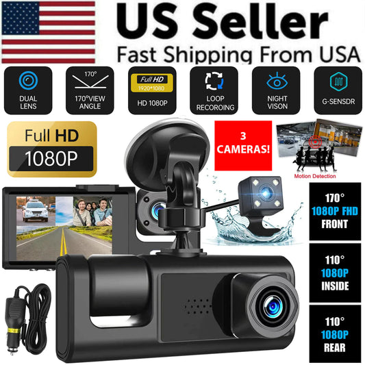 Car Dual Lens Dash Cam Front/Rear/Inside Video Recorder Camera G-Sensor