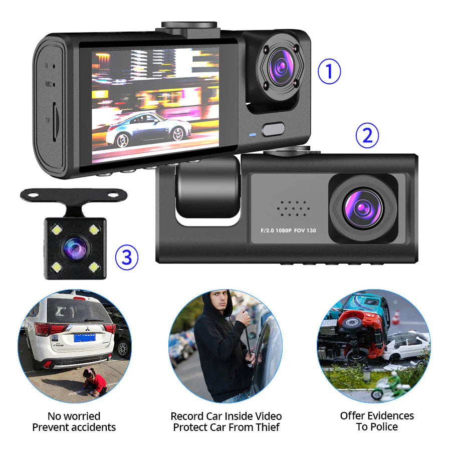 Car Dual Lens Dash Cam Front/Rear/Inside Video Recorder Camera G-Sensor