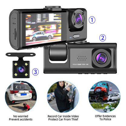 Car Dual Lens Dash Cam Front/Rear/Inside Video Recorder Camera G-Sensor