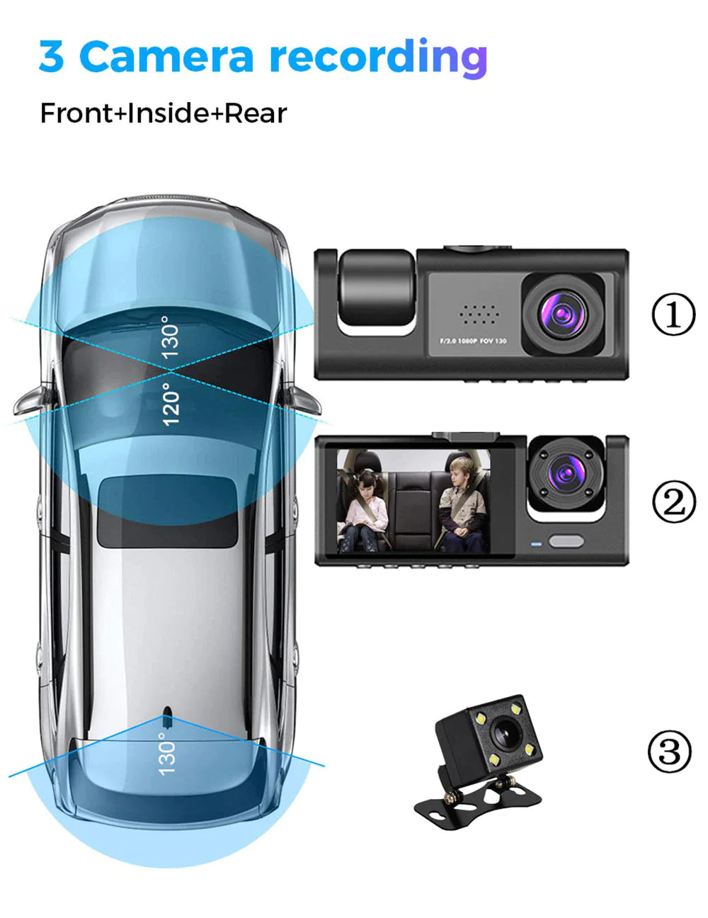 Car Dual Lens Dash Cam Front/Rear/Inside Video Recorder Camera G-Sensor