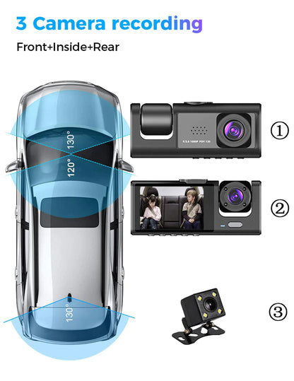 Car Dual Lens Dash Cam Front/Rear/Inside Video Recorder Camera G-Sensor