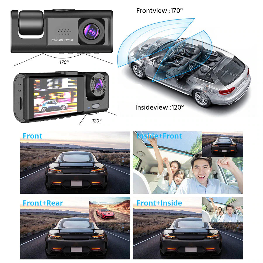 Car Dual Lens Dash Cam Front/Rear/Inside Video Recorder Camera G-Sensor