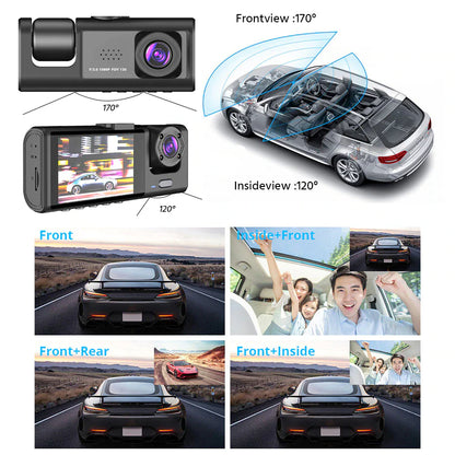 Car Dual Lens Dash Cam Front/Rear/Inside Video Recorder Camera G-Sensor